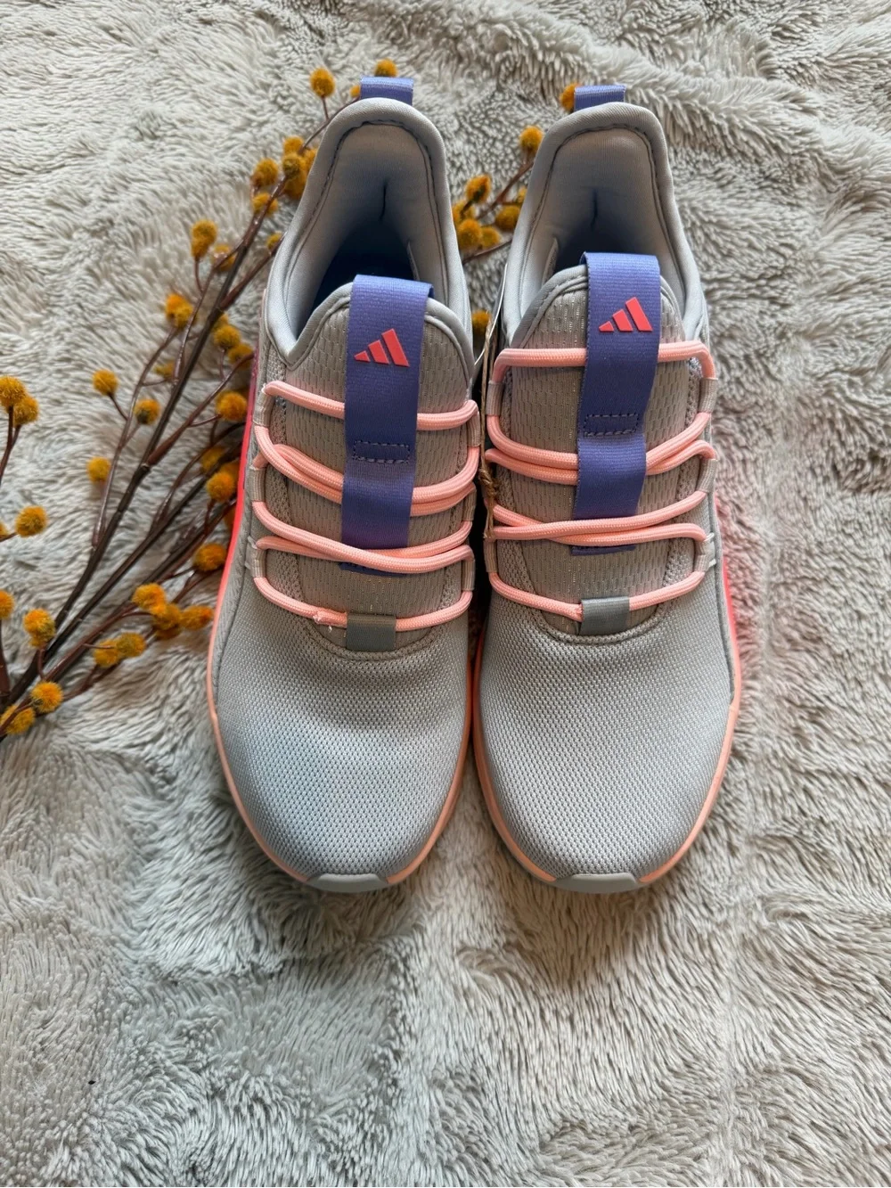 adidas Kids Light Gray Sneakers with Pink and Purple Gradient Midsole